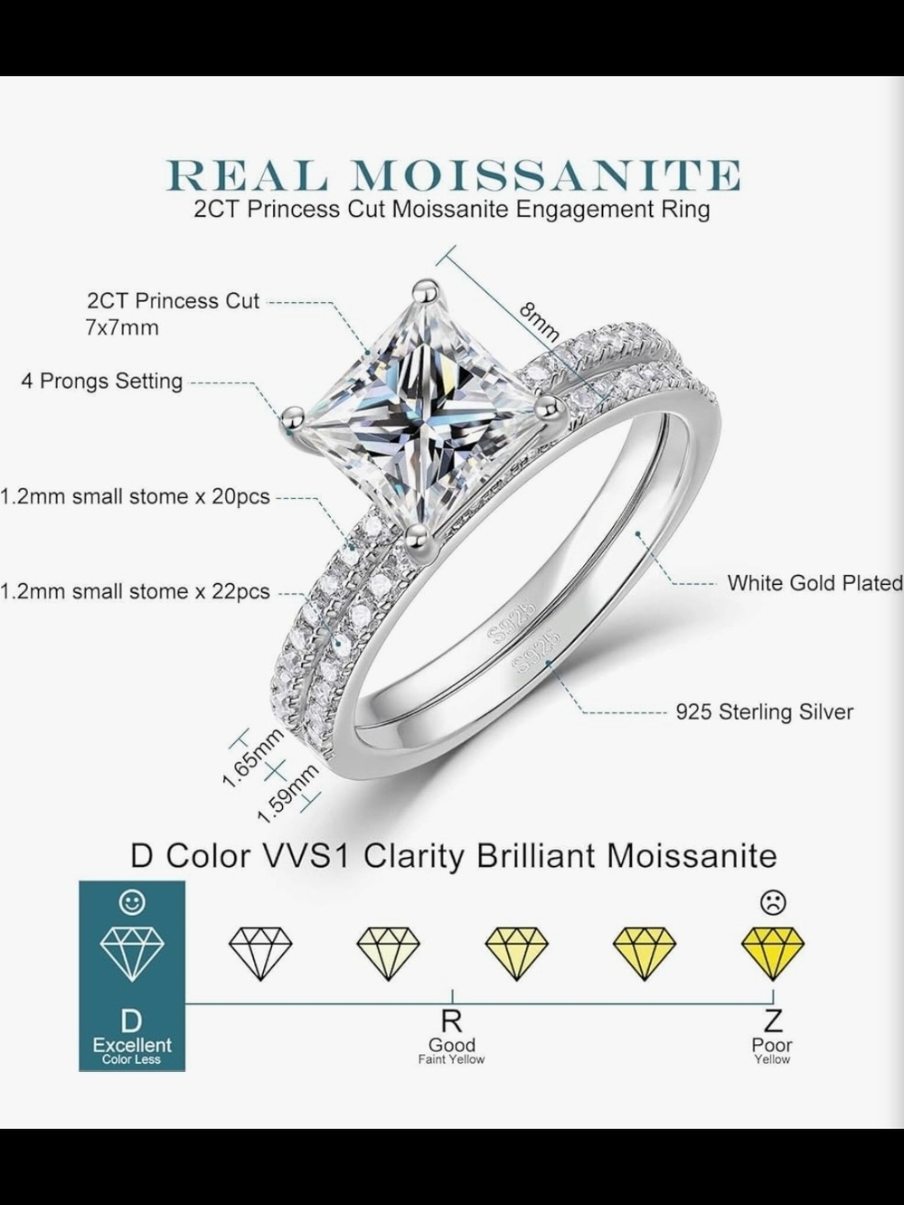 2 CT Sterling Silver Princess-Cut Solitaire Ring Moissanite - Picture 3 of 8
